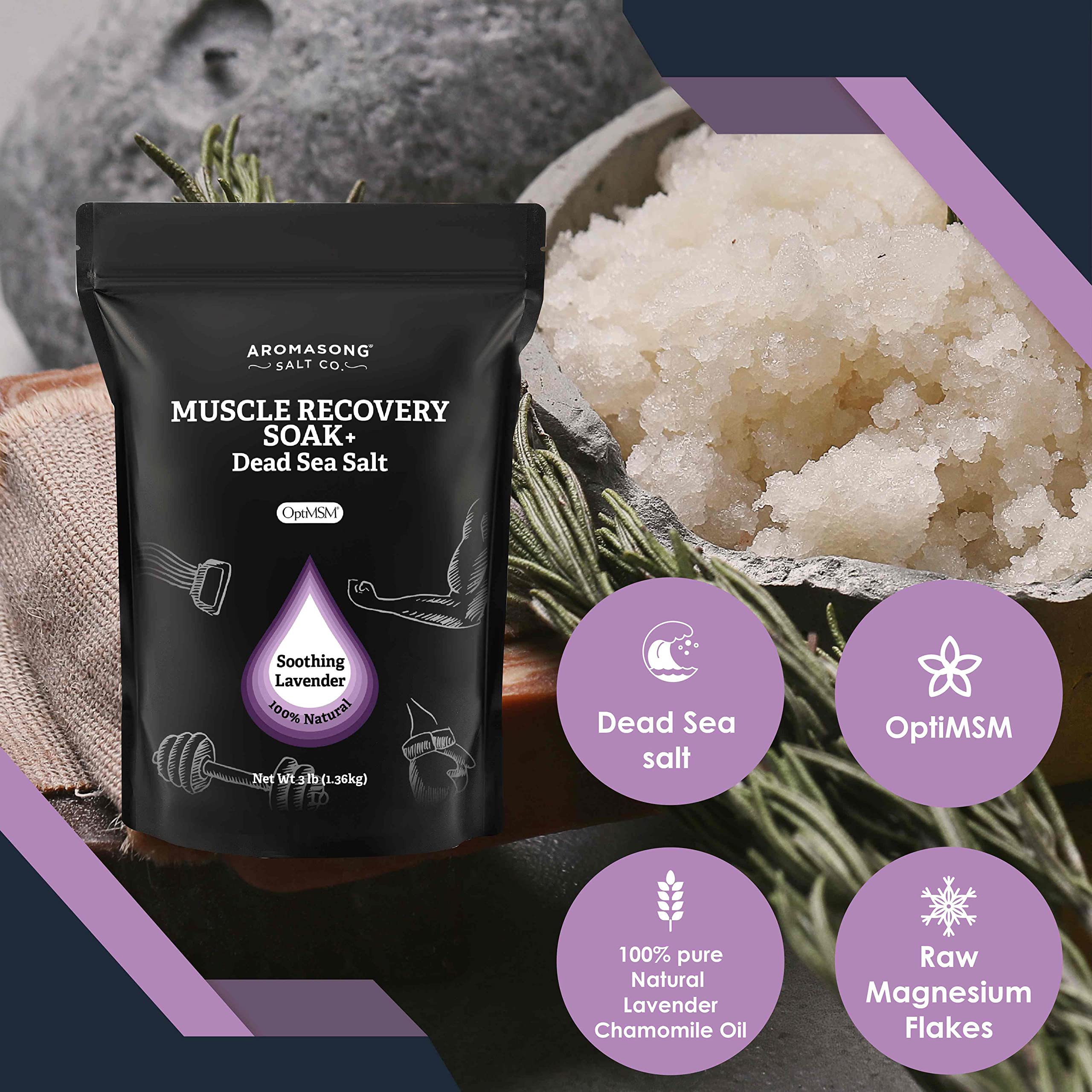Aromasong Muscle Recovery Bath Soak with Dead Sea Salt, OptiMSM, Magnesium Flakes & Essential Oils for Post Workout Soreness - Made in USA - 14 oz. Bag Bath Salt for Pain Relief.